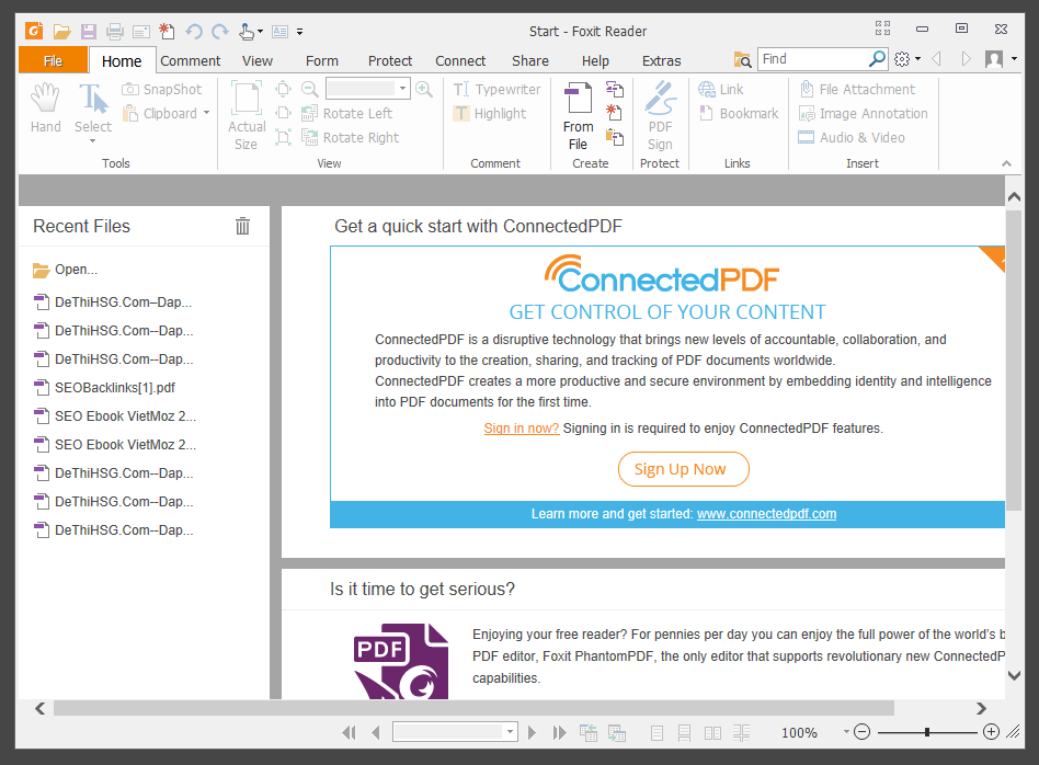 Giao diện chính của phần mềm đọc file PDF miễn phí Foxit Reader