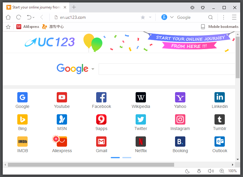 Giao diện chính của trình duyệt web UC Browser