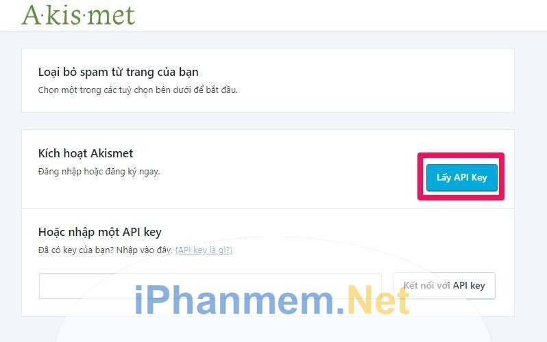 Kích hoạt Akismet bằng API key